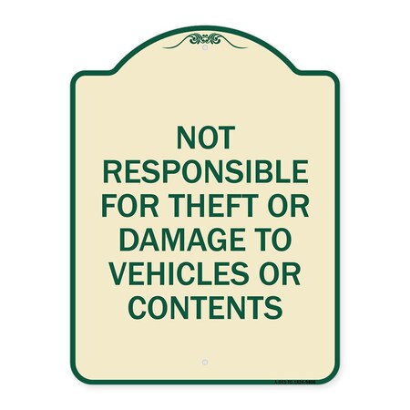 Signmission Designer Series-Not Responsible For Theft Or Damage To Vehicles Or Contents, 24" x 18", TG-1824-9806 A-DES-TG-1824-9806